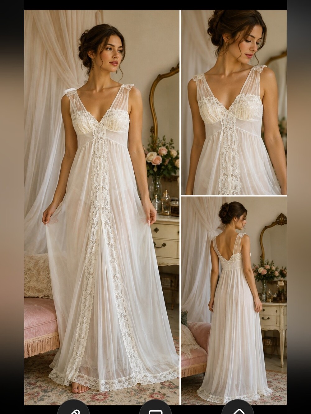 Vintage 1950s Gotham Gold Stripe Nylon Tricot Nightgown Lace Maxi Lingerie SMALL